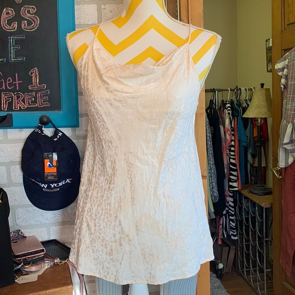 Leela & Lavender Satin Silk Jacquard Leopard Print Cream Cowl Neck Tank Top